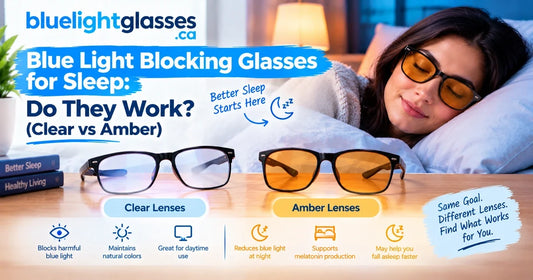 Amber sleep glasses beside clear blue light glasses on a nightstand