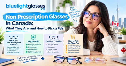 Three kinds of non prescription glasses: plain, blue light filtering and magnified readers